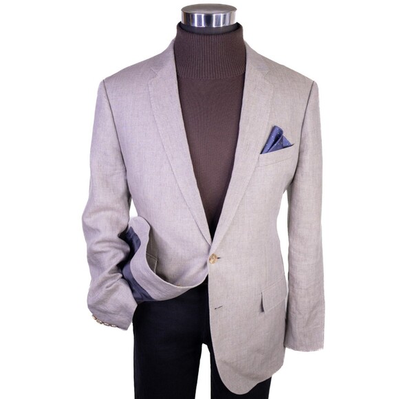 J Crew Blazer Mens 44R Beige 2 Button Ludlow ORMEZZNO Linen Sport Coat Jacket - Picture 2 of 16